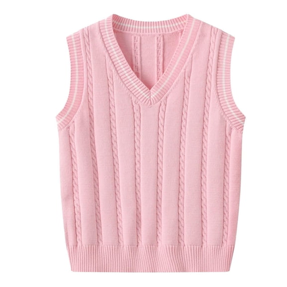 KPOPLK Fall Unisex Sweater Vest Boy and Girl Cable Knit Cotton Vest Kids Uniform Vest for Little Big Childrens Teenage Size 5-6 Years,Pink