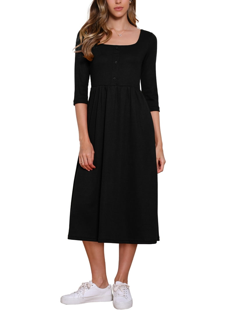 Inspire Chic Waffle Knit Dress for Women 3/4 Sleeves Square Neck Midi Dress XS Black