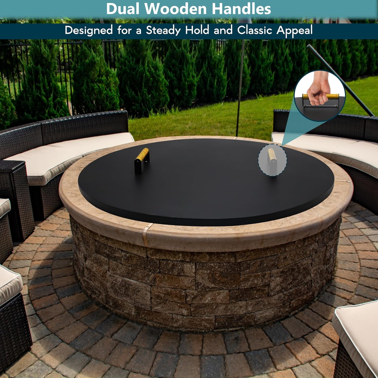 Febtech 36" Fire Pit Cover Round with Dual Wooden Handles Perfect for Fire Pit Inside Up to 34"