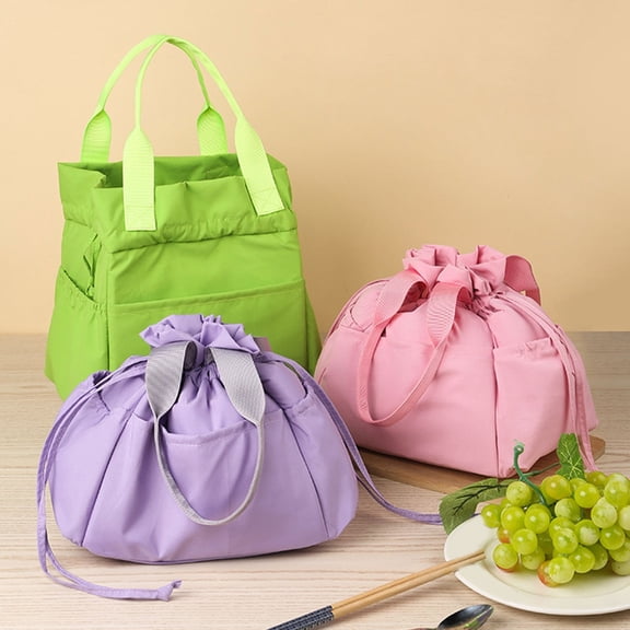 Insulated Corduroy Lunch Bag Tote | Drawstring Closure | Lightweight Durable Food Carrier | Multiple Pockets | Reinforced Handles | 15x8.9x7.1 Inch | One Pack | Pink Purple Green