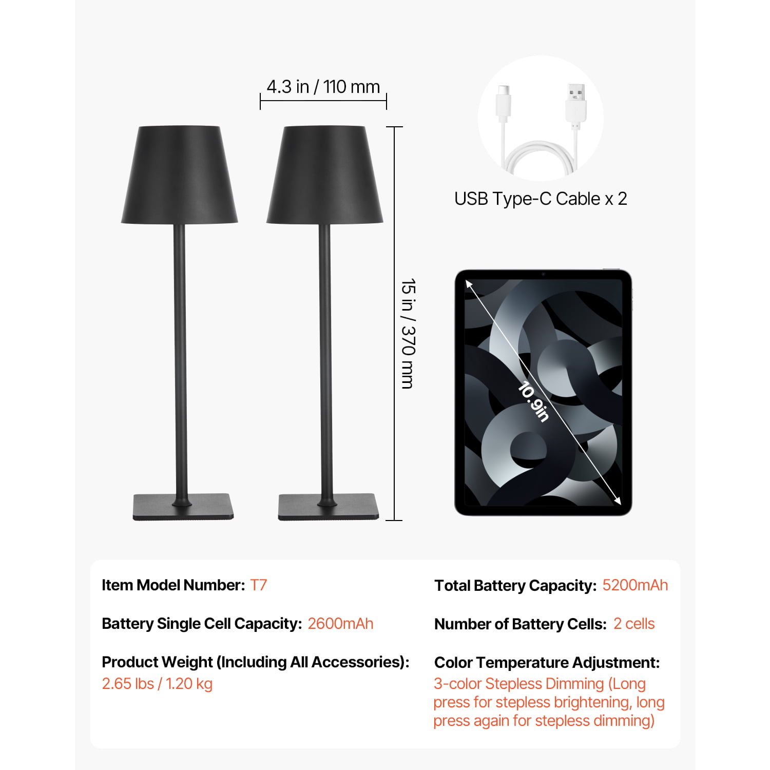 KFFKFF Cordless Table Lamp, Set of 2, Rechargeable 5200mAh Battery, Adjustable 3-Color Dimming, 3000-6500K Color Range, Versatile Lighting for Home, Dining, and Outdoor Use, Black