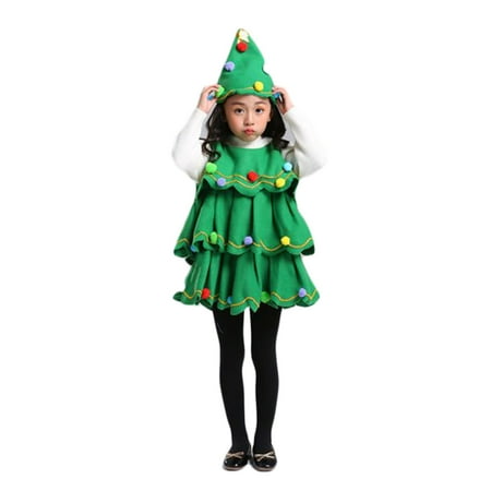 

Jamlynbo Kids Little Girls Christmas Tree Costume Ruffled Layer Dress with Hat Fur Ball Decoration Holiday Party Dress Up