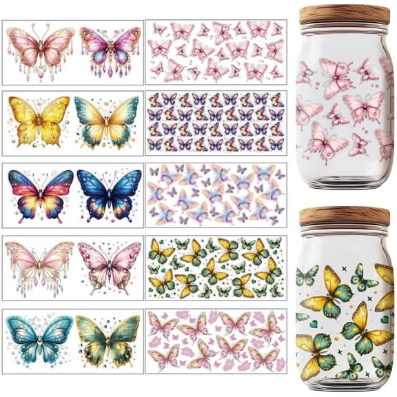 1 Set 10 Sheets Transfers Stickers Waterproof Rub on Transfers Butterfly Themed Cup Wraps Decal Printing UV Transfer Paper for Glass Cups Furniture Decorations