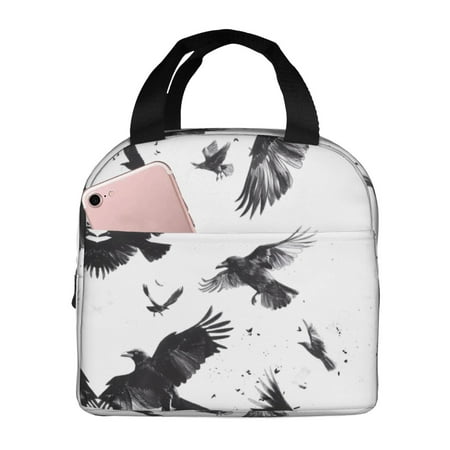 Insulated Lunch Bag for Women Men - Monochrome Flying Ravens Leakproof Cooler Lunch Box for Women Men  Lunch Tote Bags for Work School Picnic Travel