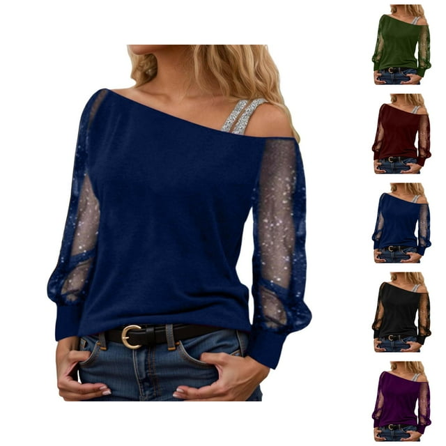 Sparkly Tops for Women 2026 Spring Fashionable Y2K Long Sleeve Off Shoulder Mesh T Shirts Going out Top Rave Outfits