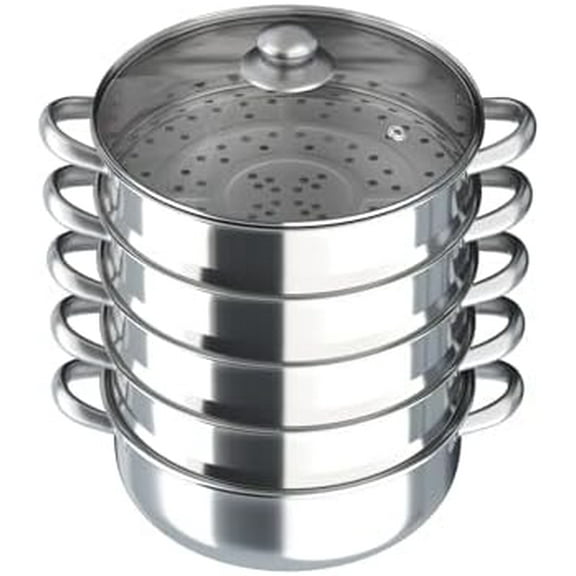 Steamer Pot 12in, 5-Tier Stackable Steamer Cooker with Lid and Triply Bottom, 304 Stainless Steel Food Cookware Set for Vegetables, Dumplings, Seafood on Gas & Electric Stoves