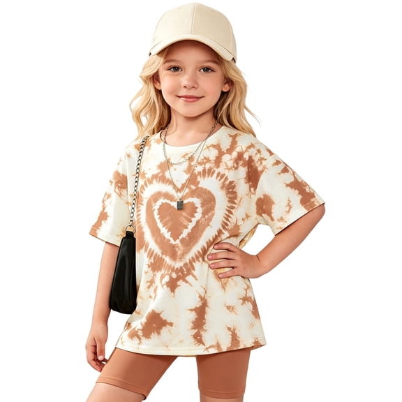 Yuncity Girls Summer 2 Piece Matching Outfit Crew Neck Heart Print Loose Short Sleeve Top And Slim‑Fit Shorts Casual Kids Clothes Set Size 9-10 Years Brown