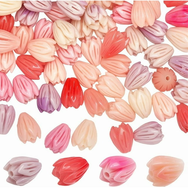 1 caja de 80 cuentas acrílicas de flores artificiales, 4 colores, sueltas, de plástico, color jazmín y coral, con espaciador floral colorido.