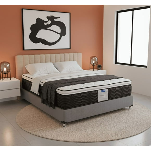 Colchon Queen Size Restonic Ortopedico Moon Care Calm + Box Queen Size Linato Gris Oxford