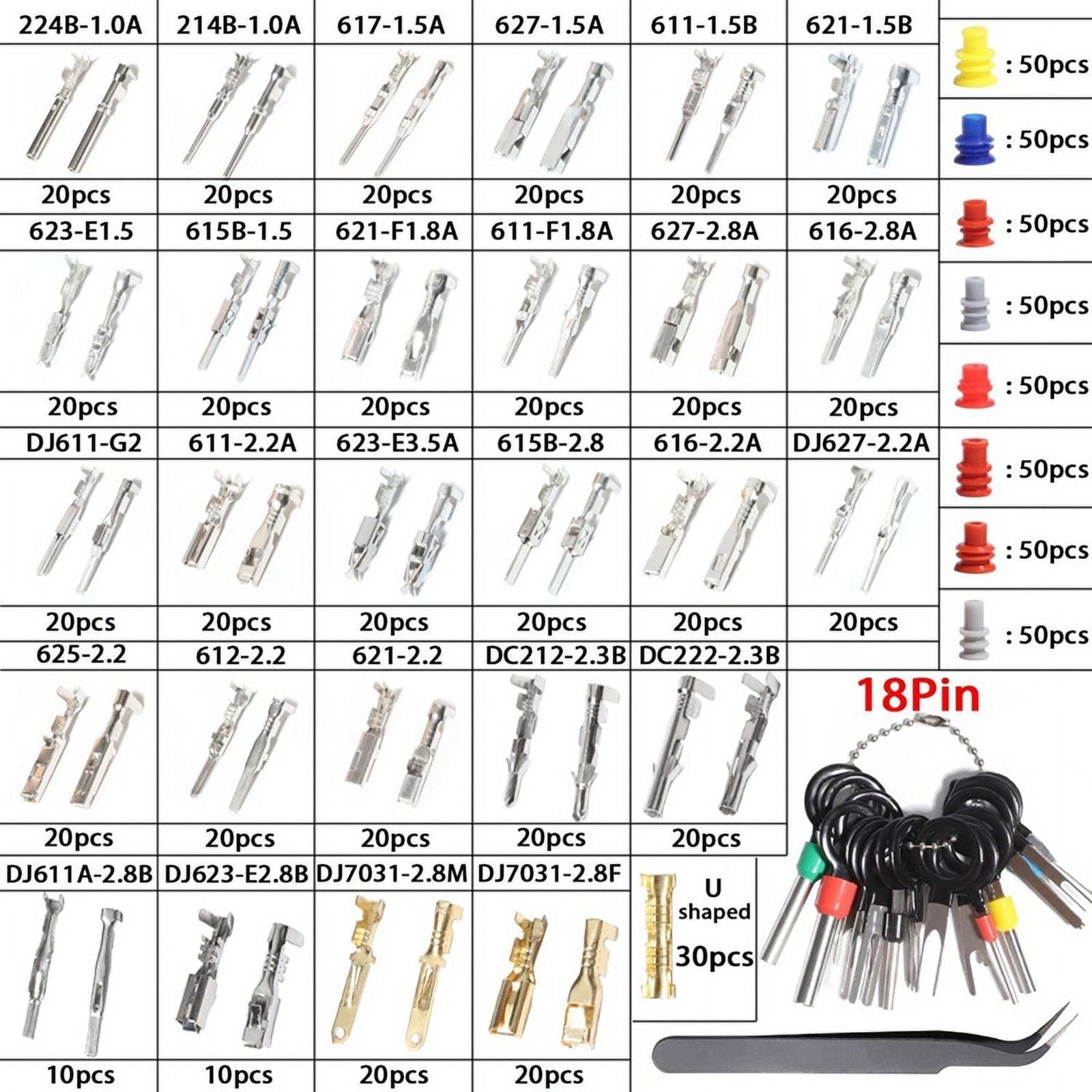 950pcs Connector Pins Kit Crimped Terminal Pin Automotive Car Electrical 1-3.5mm Male&Female Wire Seals Removal Tool Kit