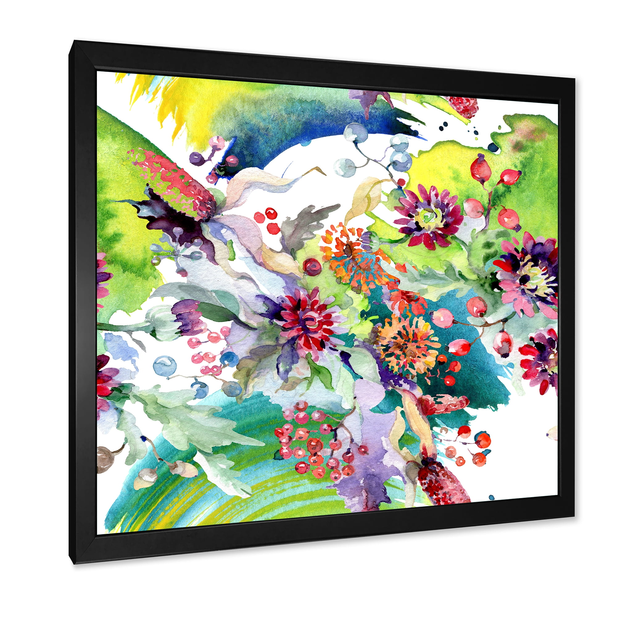 Wildflowers and Vibrant Wild Spring Leaves X 30 in x 30 in Framed Painting Canvas Art Print, by Designart