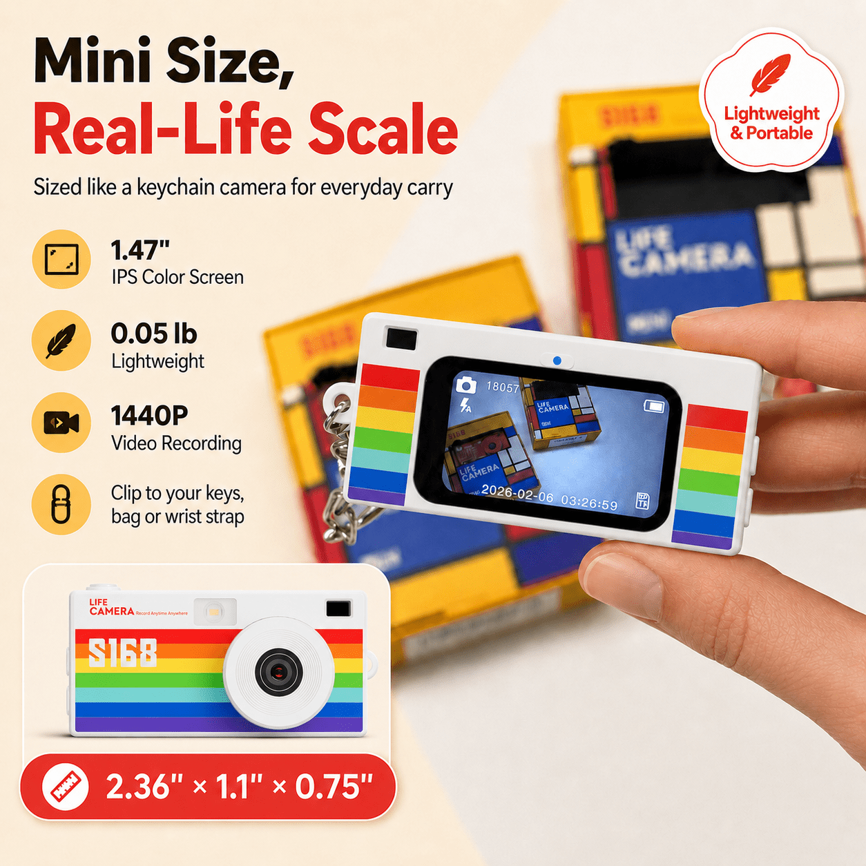 S168 Mini Digital Camera, 1440P HD Portable Keychain Design with 16GB Card, 7 Filters, Built-in Light, Usb-C Cable, White