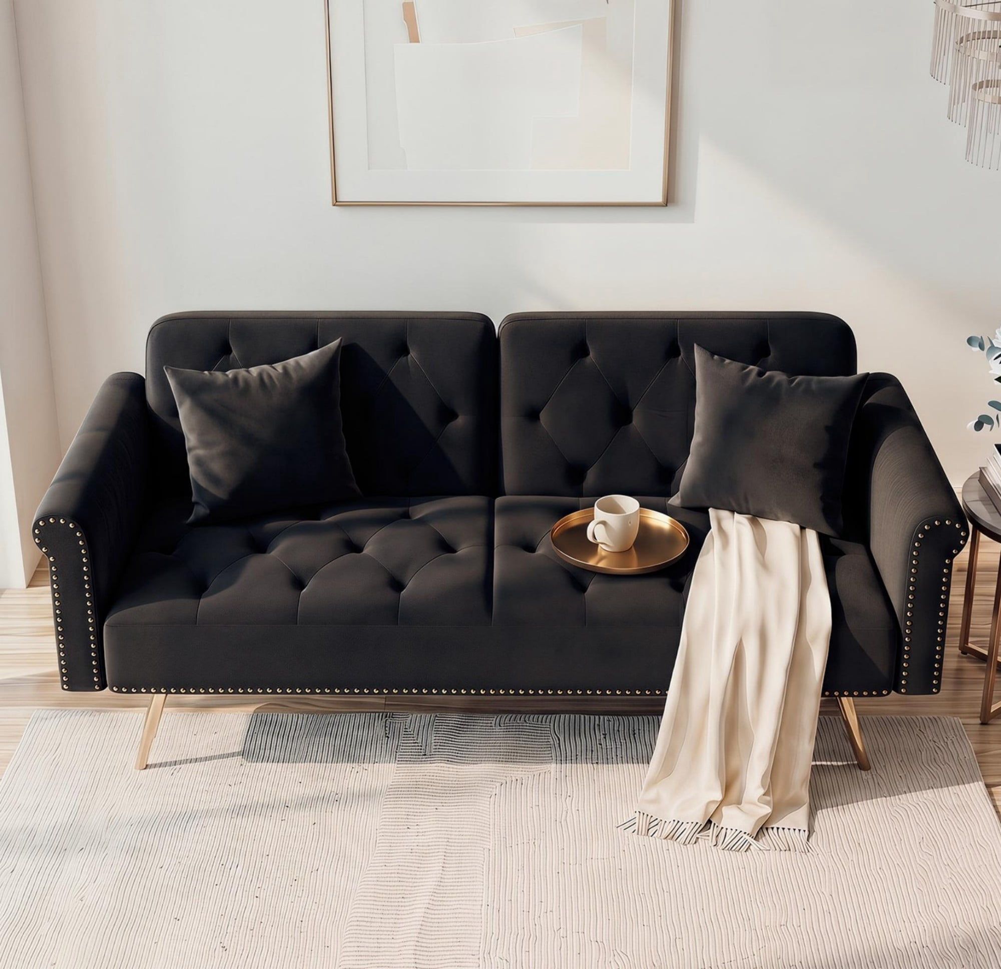 Leumius 70" Loveseat Sofa,Convertible Futon Sofa Bed Velvet Sleeper Sofa Bed with Throw Pillow & Gold Metal Legs,2-Seat Loveseat for Living Room,Bedroom,Office,Black