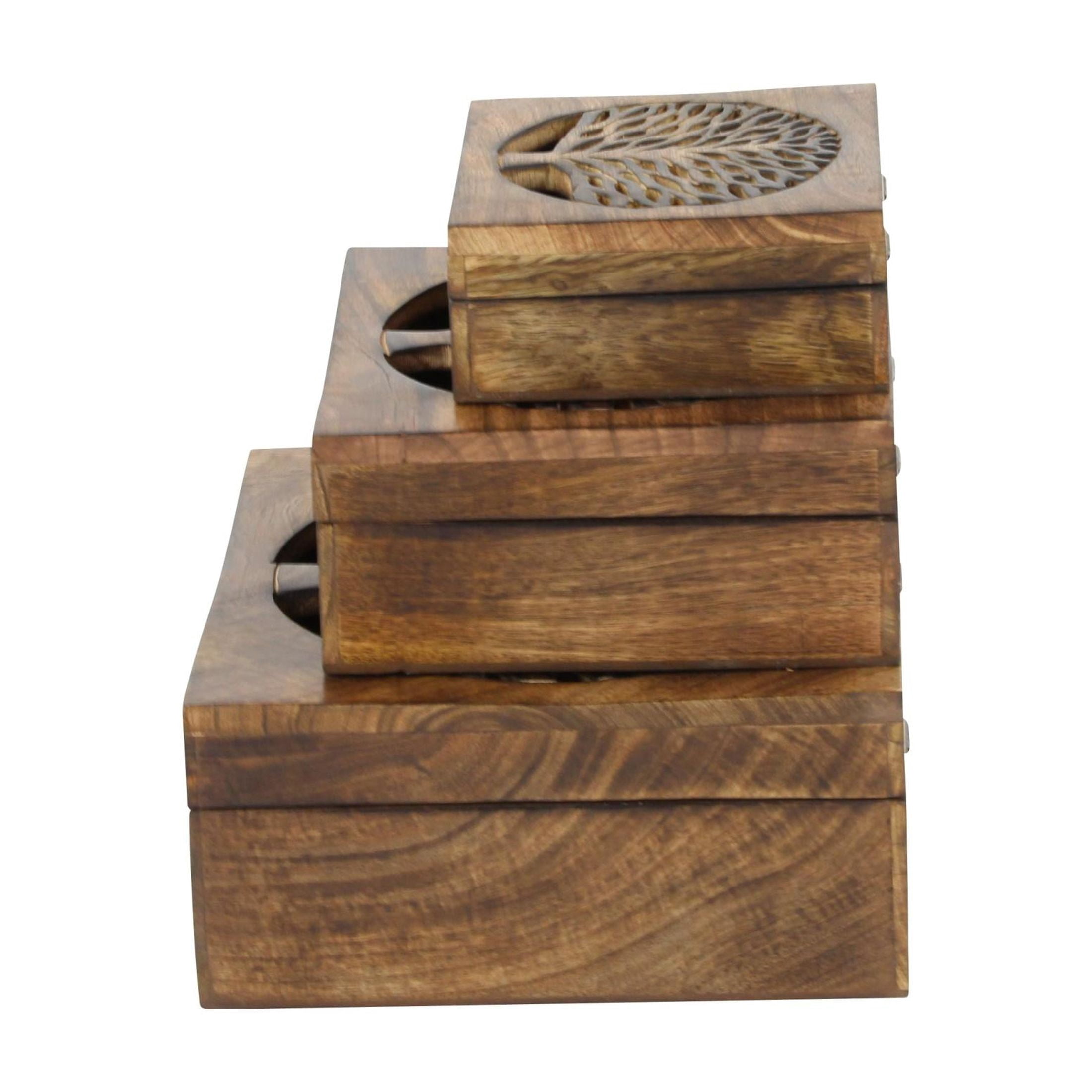 DecMode Tree Handmade Brown Wood Decorative Box with Hinged Lid, 3 Count