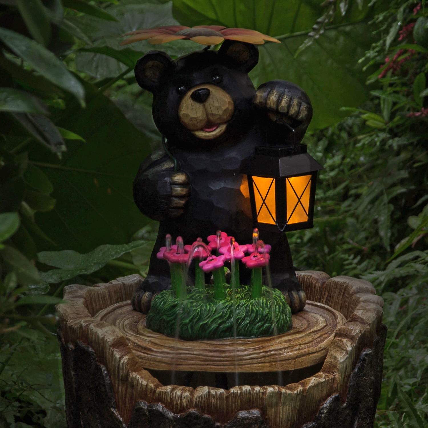Outdoor Bear Water Fountain w/ Solar Lantern Backyard Garden Patio