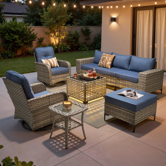 XIZZI Patio Furniture Sets Outdoor Sectional with Swivel Rocking Chairs, 8-Piece All Weather Wicker Outdoor Conversation Patio Sets with Wide Armrests, Denim Blue