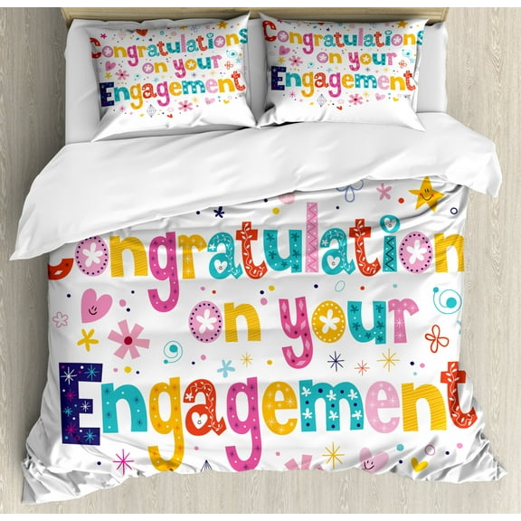 Engagement Party Duvet Cover Set Queen Size, Festive Congratulations Theme Hearts Spots Floral Detail Artwork Print, Decorative 3 Piece Bedding Set with 2 Pillow Shams, Multicolor, by Ambesonne