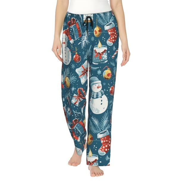 Fotbe Christmas Snowman Gift Pantalones de Pijama para Mujer, Pantalones de Dormir, Pantalones Pj con Cordón y Bolsillos-Small
