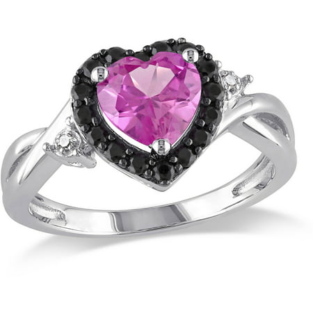Tangelo 1-7/8 Carat T.G.W. Created Pink Sapphire, Black Spinel and Diamond-Accent Sterling Silver Heart Ring
