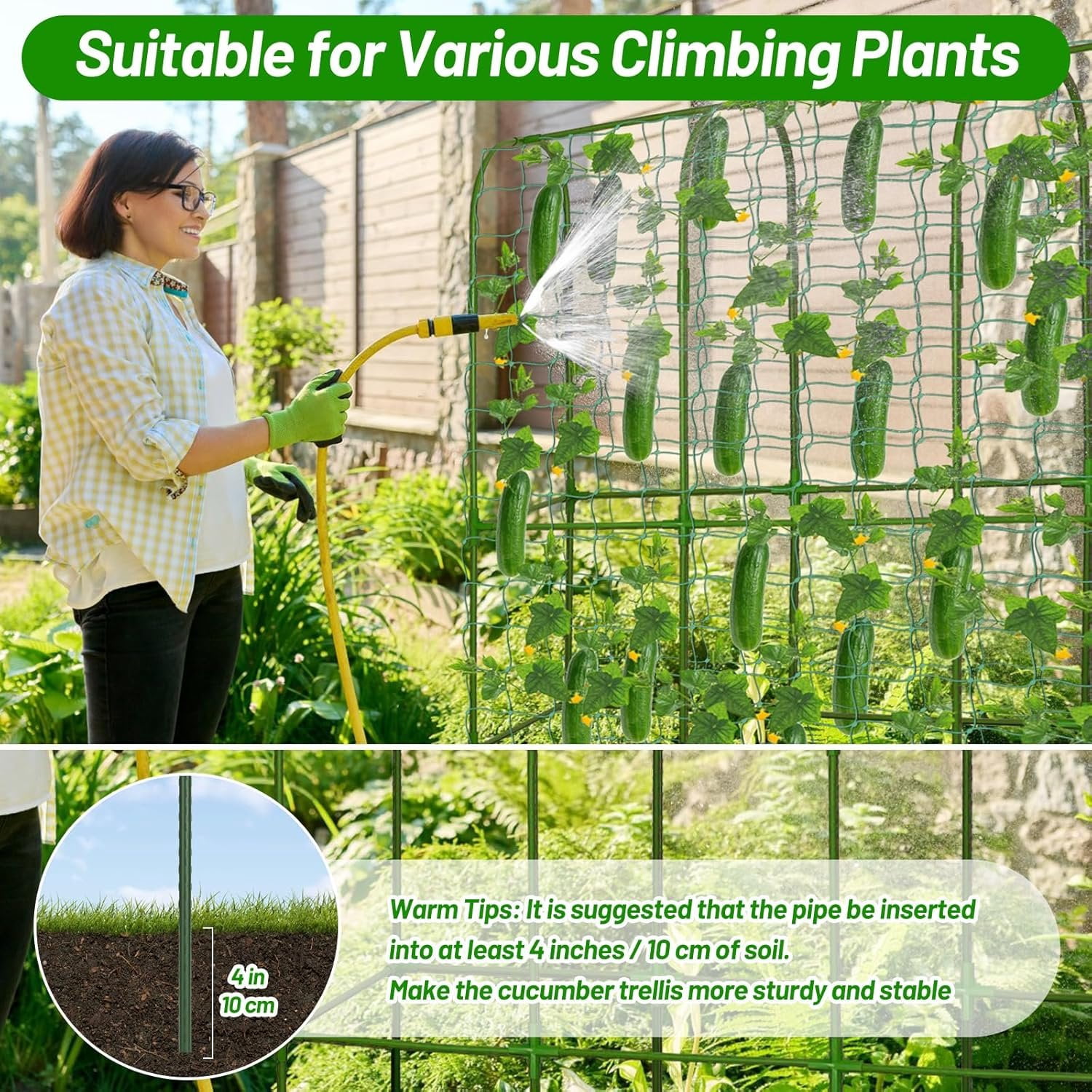 U-Shape Cucumber Trellis with Fabric Raised Garden Bed 65x50 Inch Metal Garden Arch Trellis with Net, Climbing  Vegetables Heavy-Duty Outdoor  Support for Pea, Grape, Squash, Tomatoes