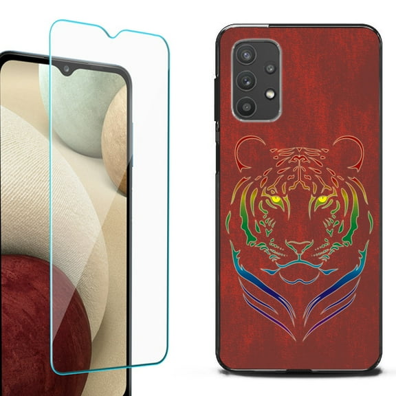 Slim-Fit Flexible TPU Gel Phone Case (black) for Samsung Galaxy A32 5G, with Tempered Glass Screen Protector, by OneToughShield ® - Night Tiger