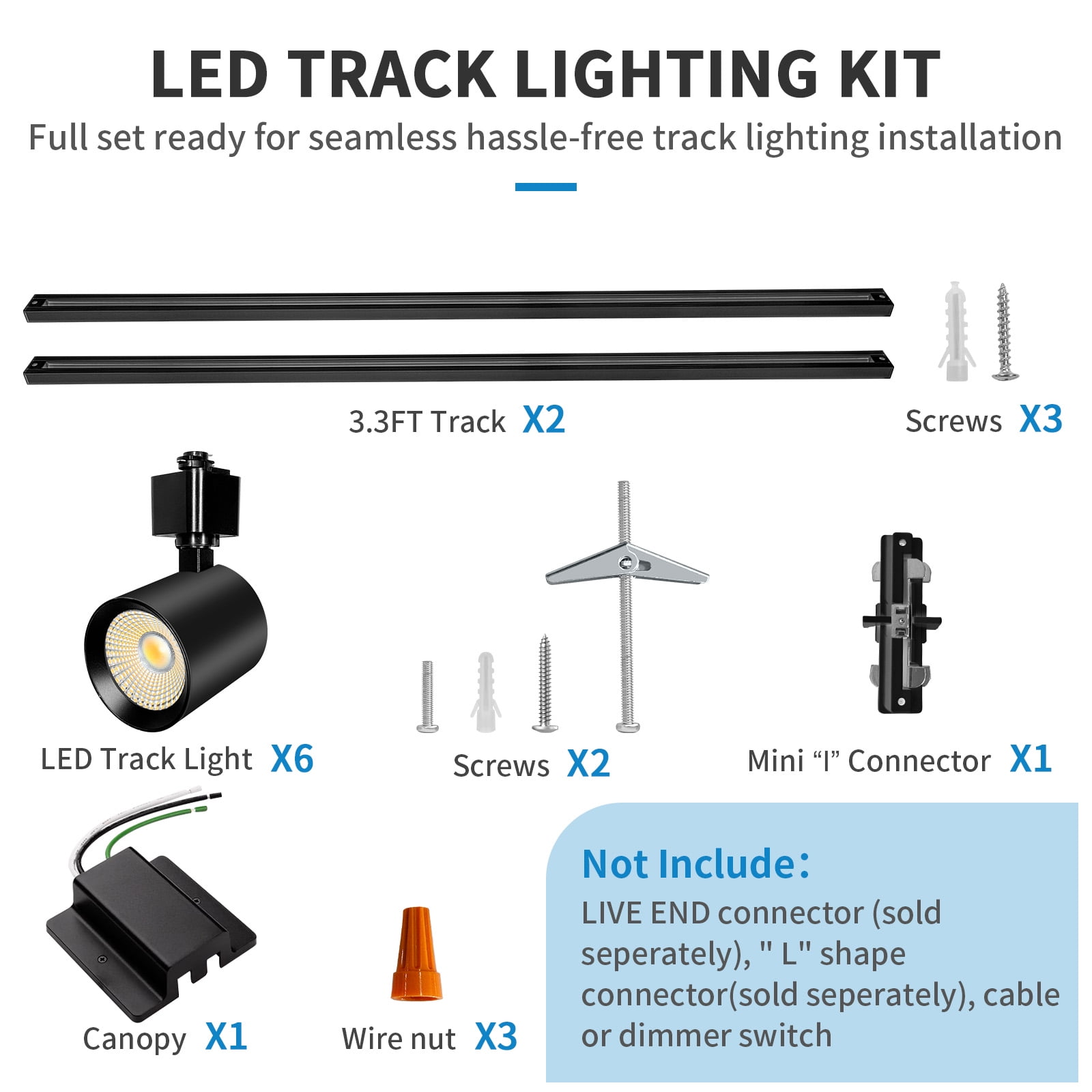 6-Light LED Track Lighting Kit with 6.6FT H Type Track Lighting Rail, Dimmable Track Lights Modern Kitchen Track Lighting Fixtures Ceiling Spot Light 2700K-5000K, CRI90+, 36° Beam 10W 800lm, Black