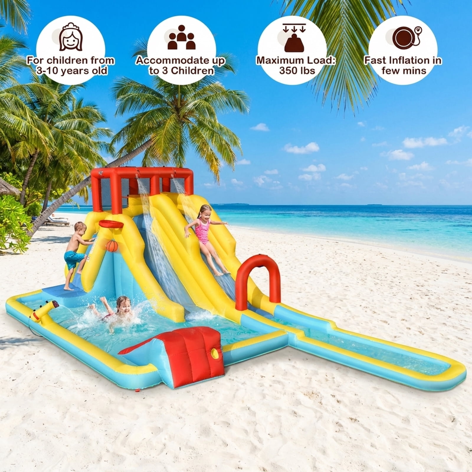 Redsmile 7-in-1 Inflatable Dual Slide Water Park Bounce House Without Blower - Multicolor - Kids Birthday Party