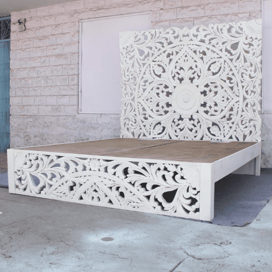 Hibashi Amani Hand Carved Indian Solid, White Solid Wood King Size Bed Frame