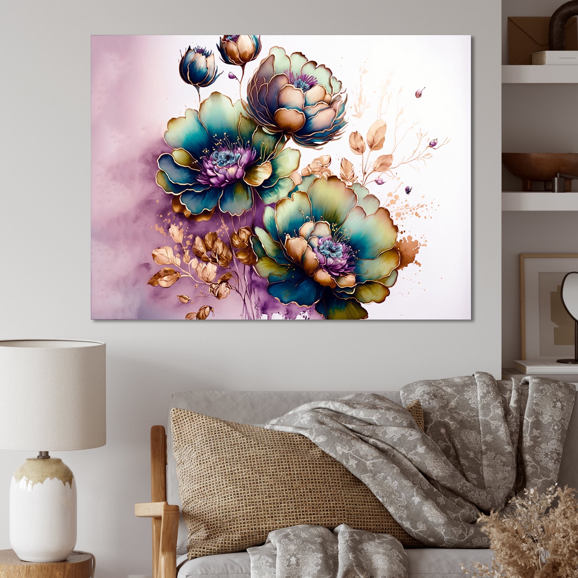 Designart Green And Blue Violet Floral Design II Canvas Wall Art