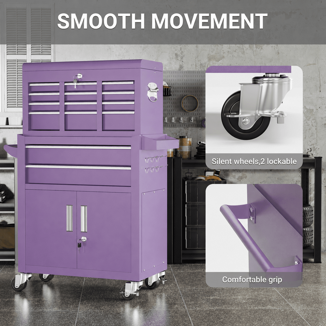 2-IN-1 Rolling Tool Chest, Stainless Steel Tool Organizer Box Hidden Set, Tool Storage On Wheels W/ 8 Sliding Drawers for Workshop Garage Studio Hair-Salon, Purple