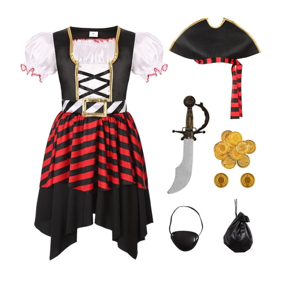 Pirate Cosplay, Pirate Costume, Pirate Outfit, Pirate Roleplay, Pirate Cos, Deluxe Pirate Princess Costume Buccaneer Costume Set for Halloween Party Dress Up-Top Pants Hat 5 Props, Pink L