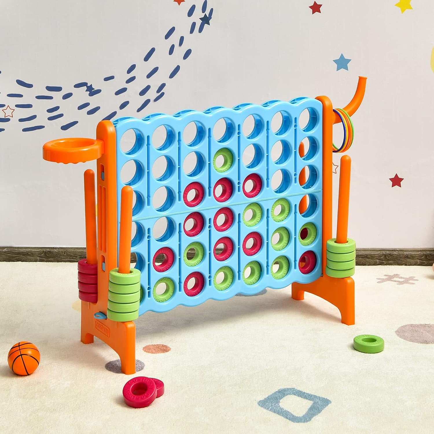 HJTER Jumbo 4-to-Score Giant Game Set for Kids & Adults, 2.5Ft Indoor Outdoor Game with Basketball Hoop, Ring Game, 42 Jumbo Rings, Quick-Release Slider, Perfect for Birth & Holiday Party