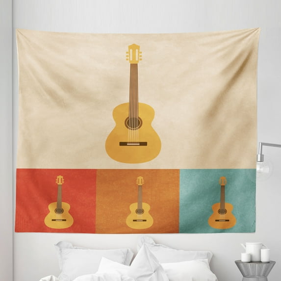 Guitar Tapestry, Retro Acoustic Guitars in Colorful Frames Nostalgic Music Stringed Instrument, Fabric Wall Hanging Decor for Bedroom Living Room Dorm, 5 Sizes, Multicolor, by Ambesonne