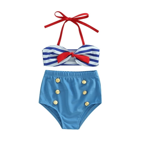 

Summer Toddler Baby Girl Swimwear Stylish Hanging Neck Striped Bikini Tops Elastic Waist Button Brief Bathing Suit