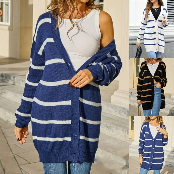 CFLVAEK Long Cardigan Sweaters for Women Trendy Striped Print Knit Cardigans Casual Long Sleeve Button Down Fall Winter Outwear Blue S