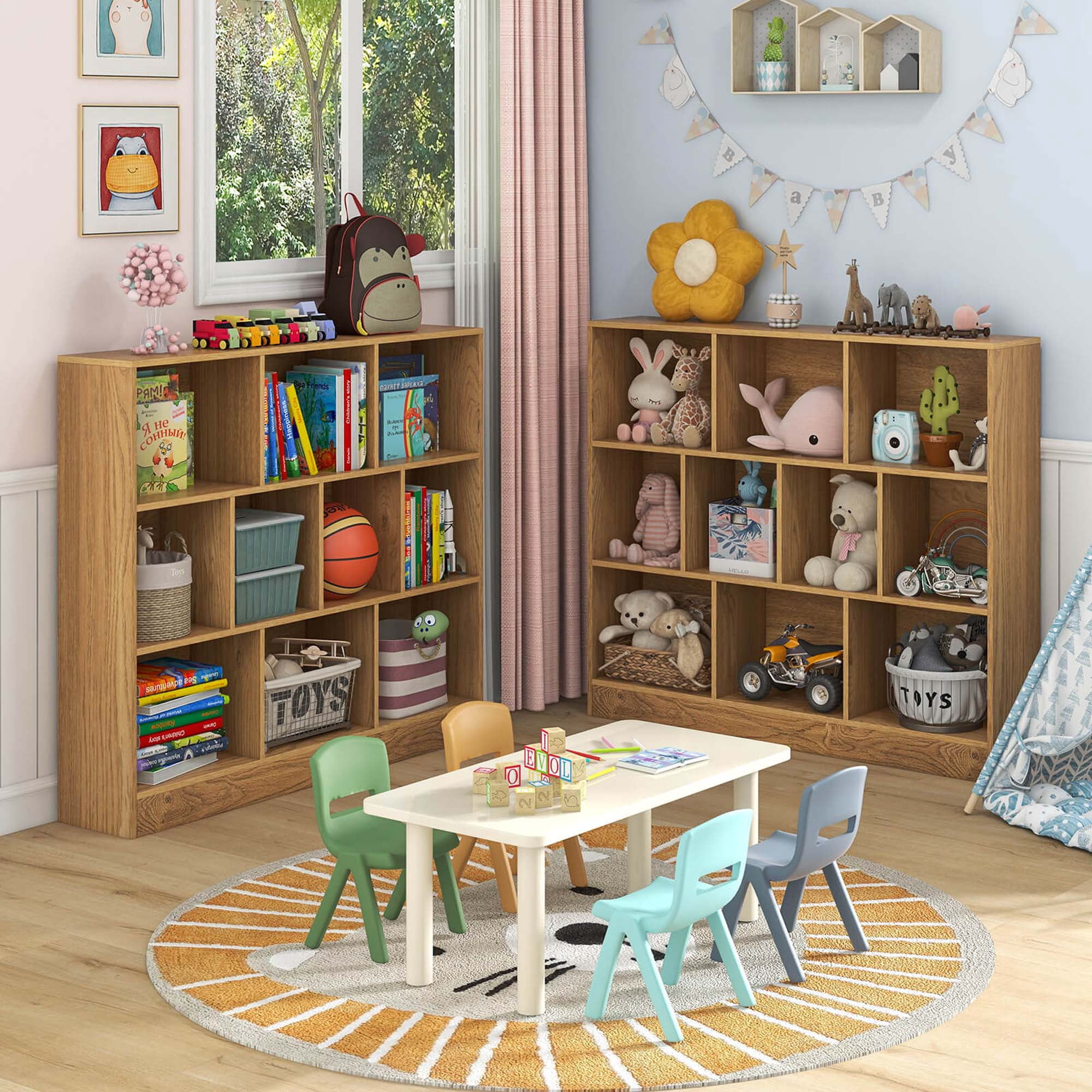 Costway 10-Cube Bookcase for Kids 41"Wooden Toy Storage Organizer for Kid’s Room Natural