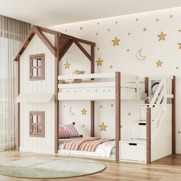Twin-Over-Twin Kids House Bed Frame with Storage Stairs & Bottom Floor Bed, Playhouse Bunk Bed with Roof & Window