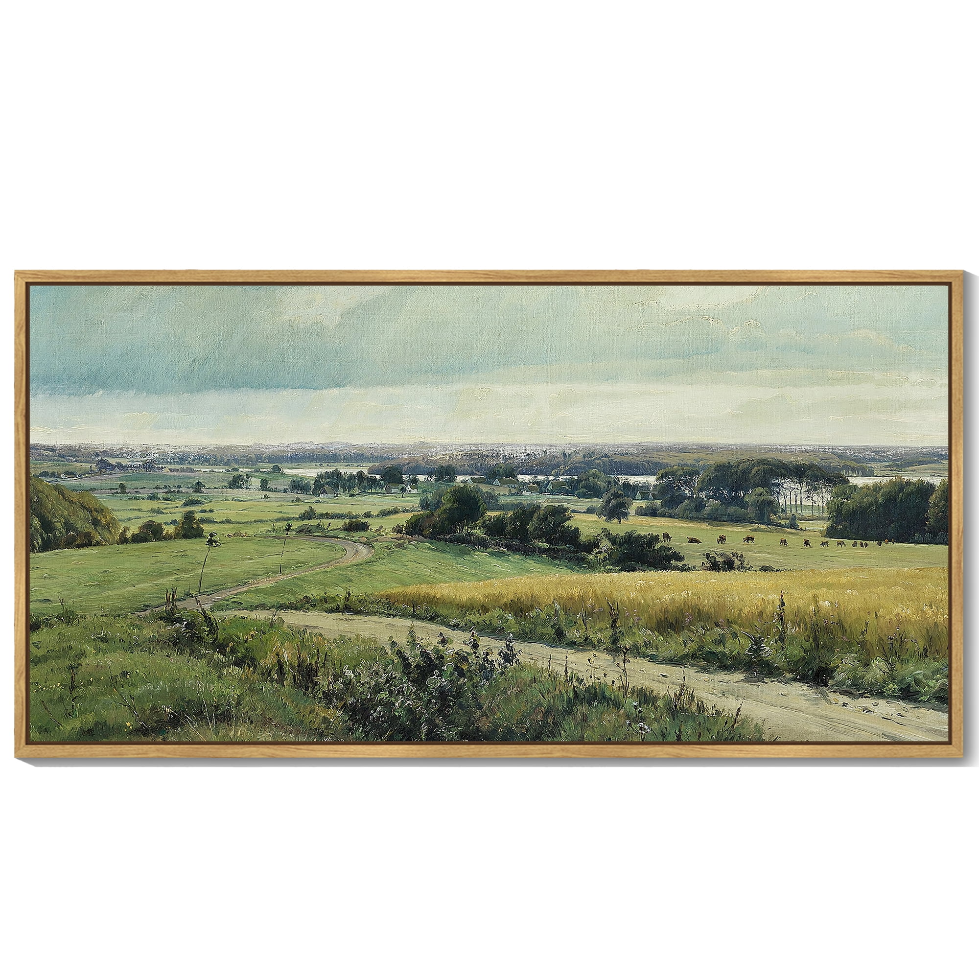 Drsoum Large 20x40in Natural Framed Vintage Landscape Wall Art Rustic Countryside Meadow Farmhouse Decor Retro Grassland Painting for Bedroom Living room Bedroom
