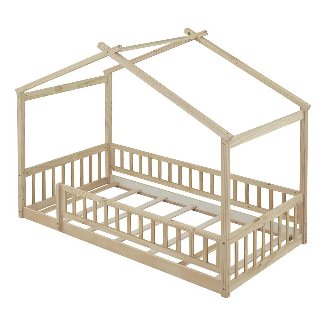 Twin Size House Bed, Wood Floor Bed with Fence and Roof, Montessori Bed Playhouse Bed Toddler Bed Frame for Kids Girls and Boys, Natural