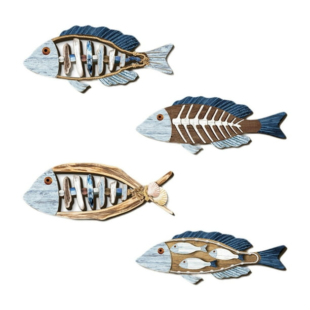 4 piezas de esculturas de pared de peces, decoración de pared, adornos de madera con temática de playa, estilo mediterráneo, para pasillo, comedor, en