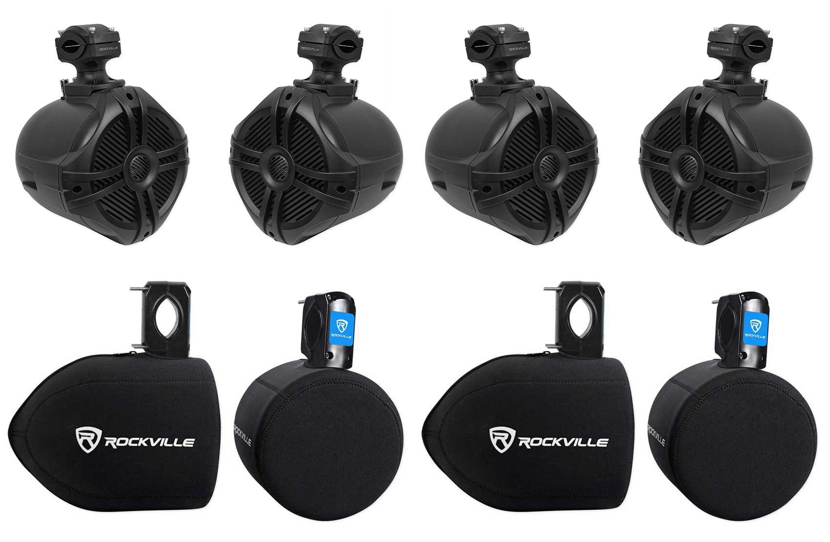 (4) Rockville RWB70B 6.5" Black 500 Watt Marine Wakeboard Tower