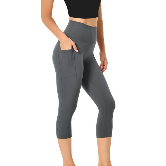 Leggings for Women under $5! Cagogo Women's Yoga Capris with Pockets No See Through Buttery Soft High Waisted Crop Black Leggings Cycling Workout Stretch Tummy Control Capri Leggings