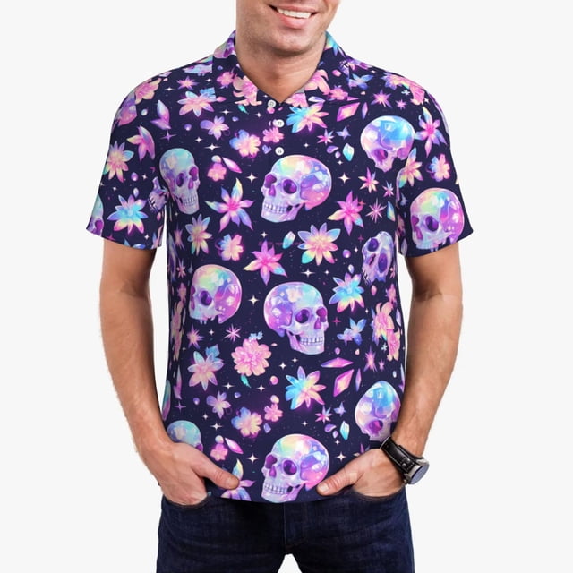 Fotbe crystal Skull flower cool Camiseta Polo de Golf para Hombre con Estampado – Camisa Deportiva Transpirable con Cuello Abotonado-Large