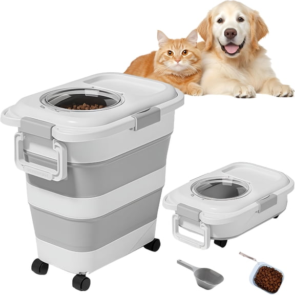 XIBUFE 25–28 Lbs Airtight Collapsible Dog Food Storage Container with Wheels & Scoop – Foldable Pet Food Storage Container for Dog & Cat Food, Animal Food Storage, Dog Food Storage Container