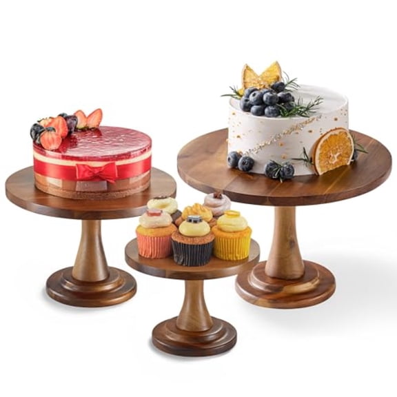 Set of 3 Wood Cake Stand Set Wooden Rustic Farmhouse Cupcake Stand - Wedding and Birthday Decorating Cake Pedestal Stand - Dess