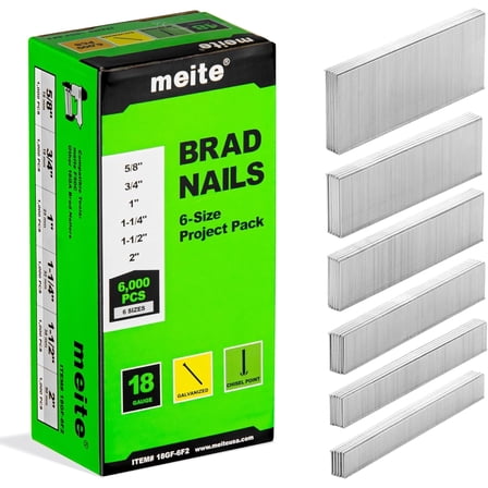 MEITE 18 Gauge Brad Nails, Assorted 6 Sizes (5/8", 3/4", 1", 1-1/4", 1-1/2" and 2-Inch) Galvanized Finishing 6,000 Counts