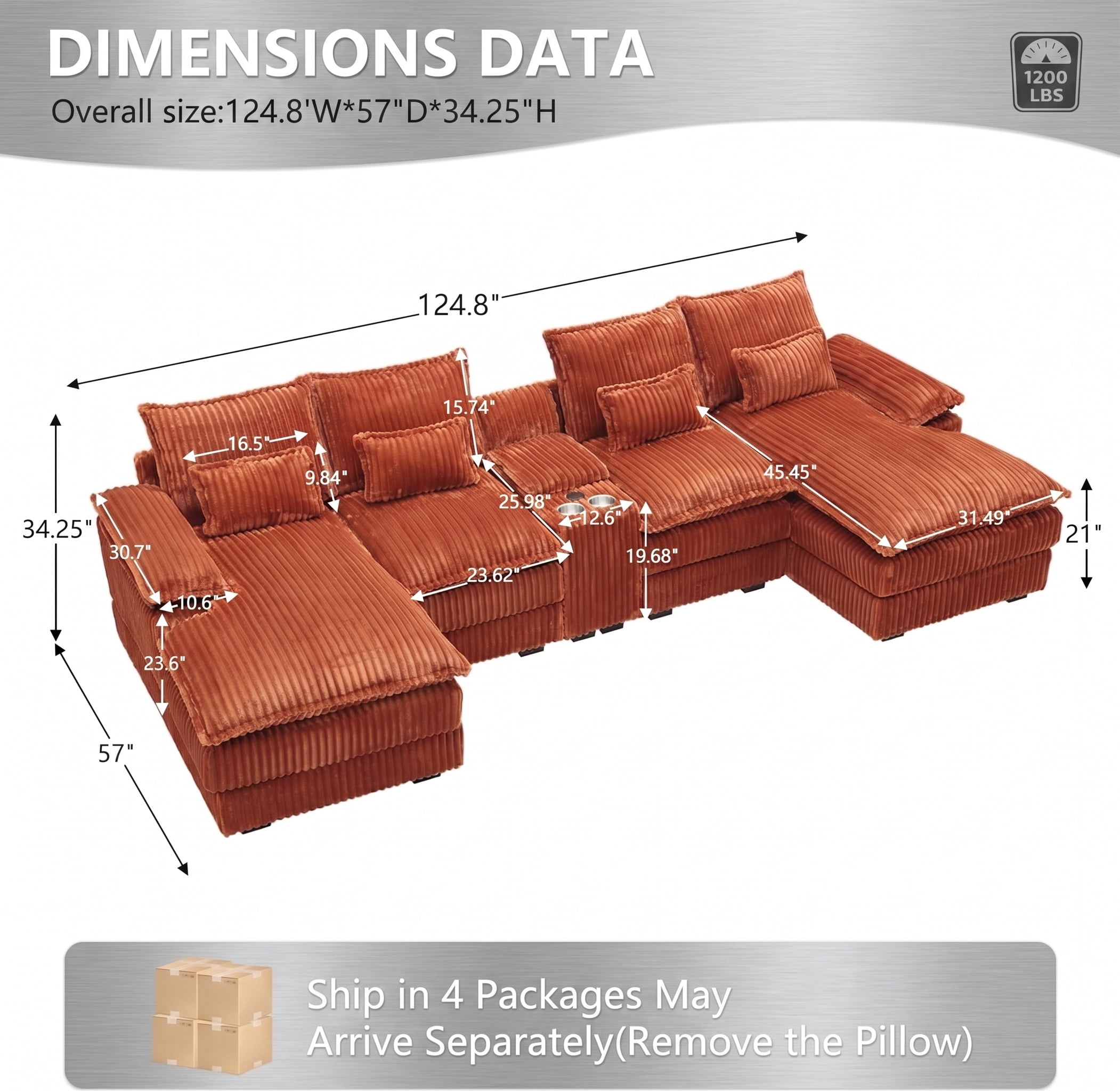 ANPPORT Luxury 124" U Shaped Cloud Modular Sectional Sofa, Corduroy Deep Seat Couch with Storage Console, USB Ports & Cup Holders for Living Room, Orange