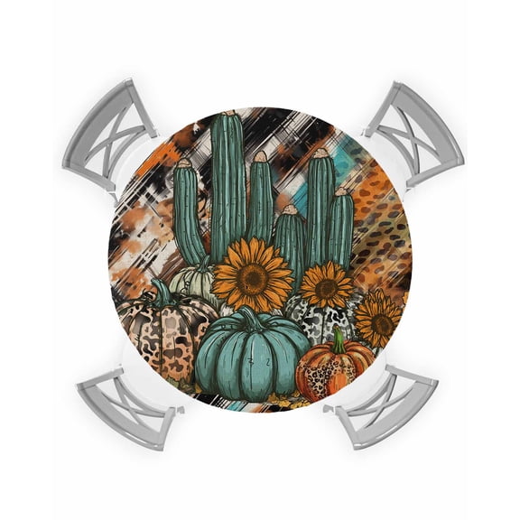 nqOlkjepod Fall Western Round Tablecloth, Fitted Table Cover with Elastic for 36"-44" Round Tables, Thanksgiving Cutouts Pumpkin Sunflower Table Cloth Outdoor Dinning Party Waterproof Tablecloths