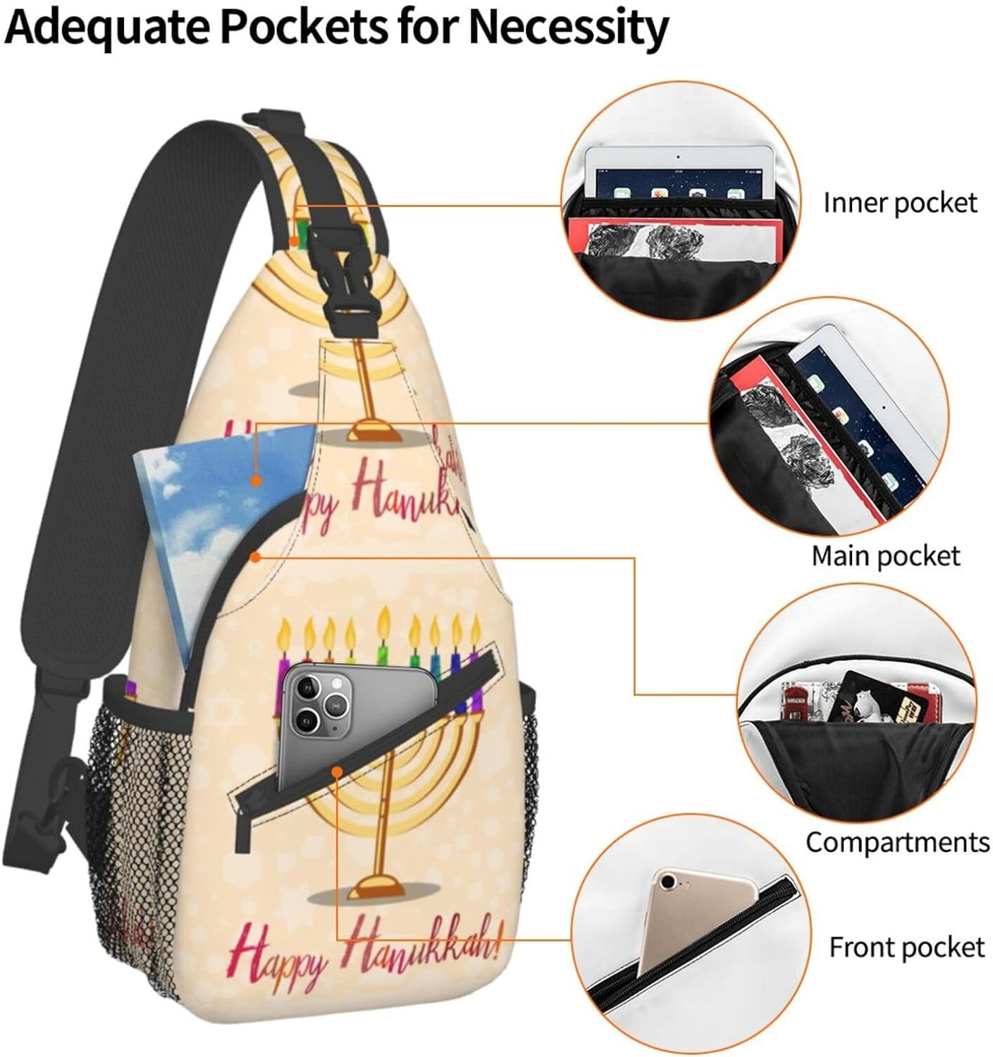 Happy Hanukkah Jewish Chanukah Holiday Sling Bag Crossbody Hiking Travel Chest Bags Backpack Shoulder Daypack for Women Men