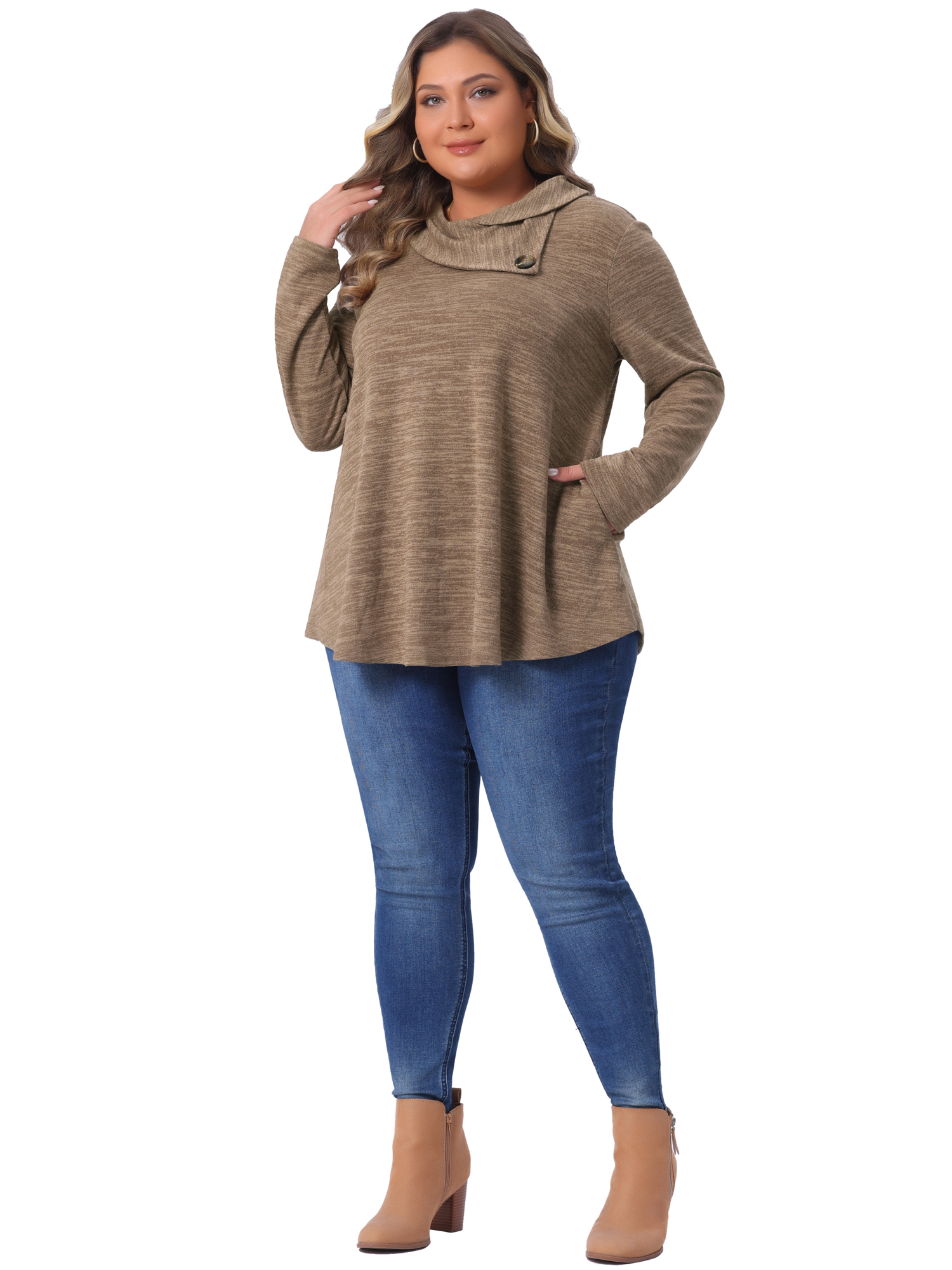 DARING DIVA Women's Plus Blouse Cowl Neck Casual Tunic Tops with Pockets 3X Brown